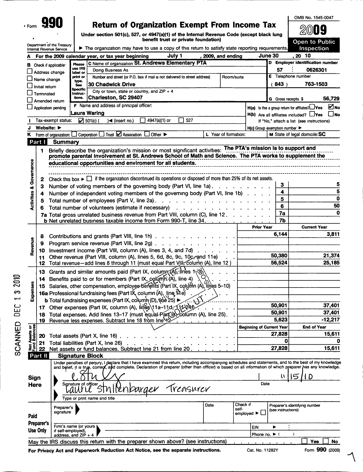 Image of first page of 2009 Form 990O for PTA SOUTH CAROLINA CONGRESS St Andr