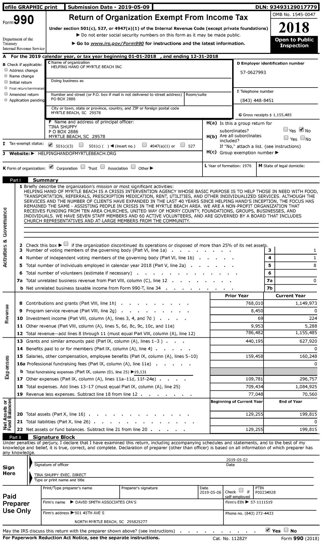 Image of first page of 2018 Form 990 for Helping Hand of Myrtle Beach