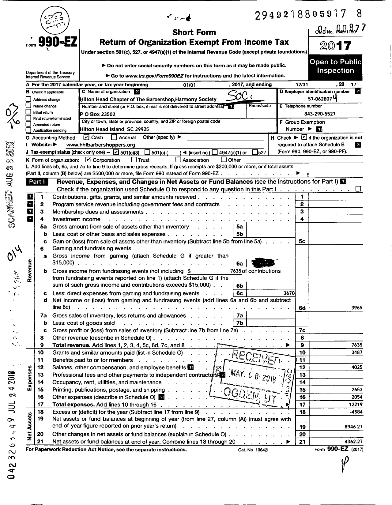 Image of first page of 2017 Form 990EZ for Barbershop Harmony Society - Q072 Hilton Head Island