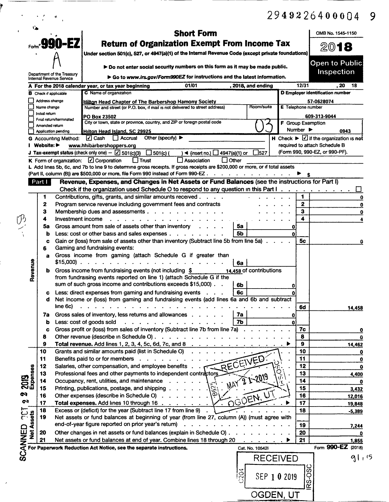 Image of first page of 2018 Form 990EZ for Barbershop Harmony Society - Q072 Hilton Head Island