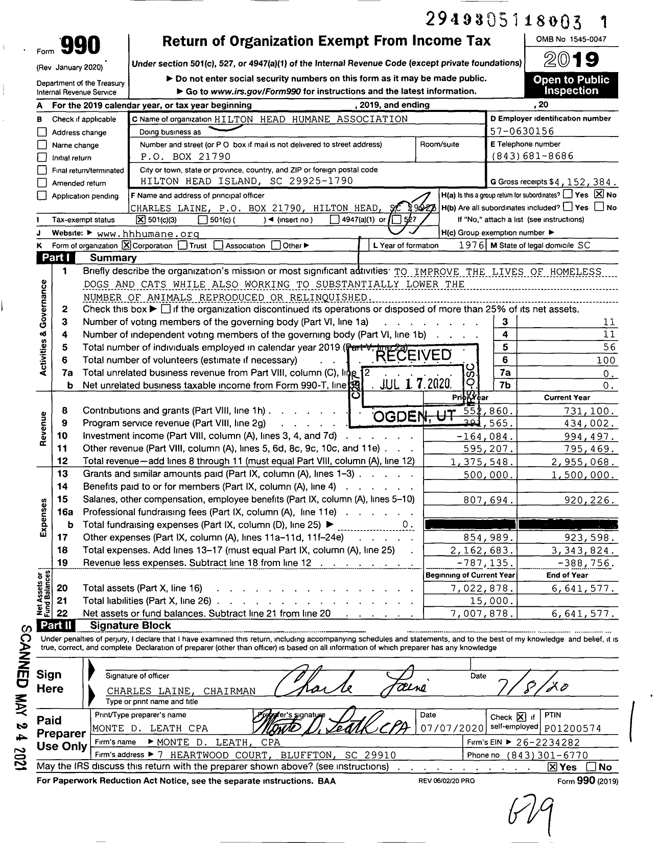 Image of first page of 2019 Form 990 for Hilton Head Humane Association (HHHA)
