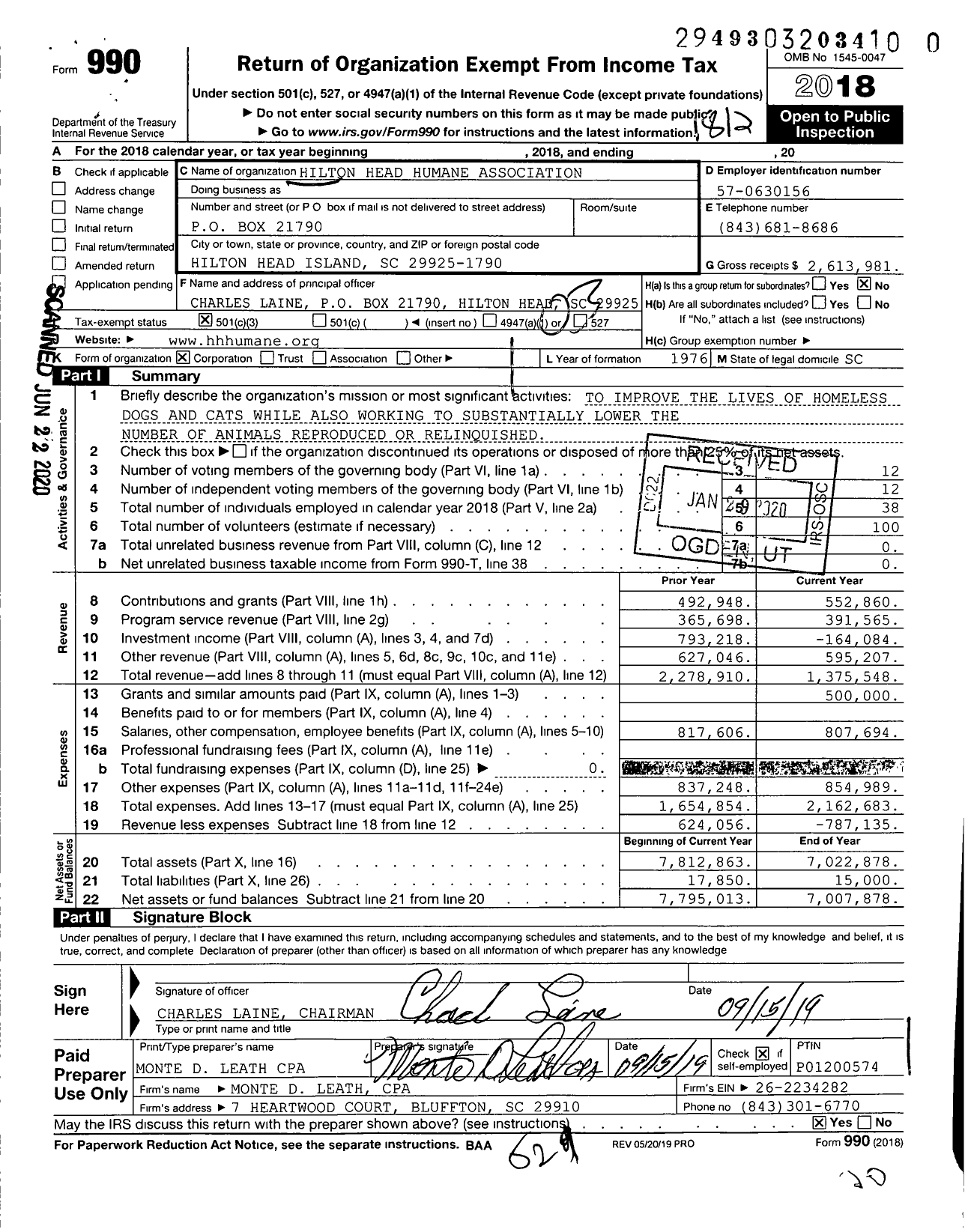 Image of first page of 2018 Form 990 for Hilton Head Humane Association (HHHA)