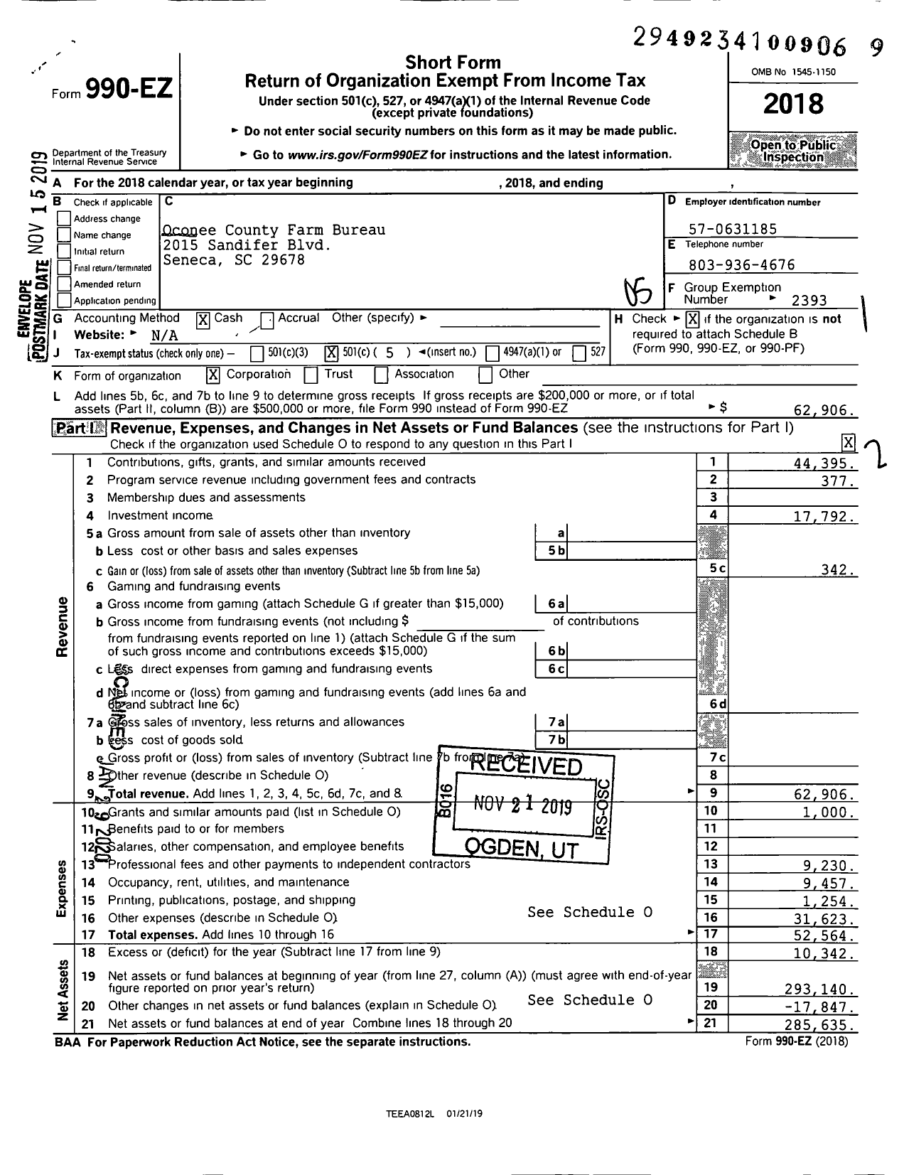 Image of first page of 2018 Form 990EO for Oconee County Farm Bureau