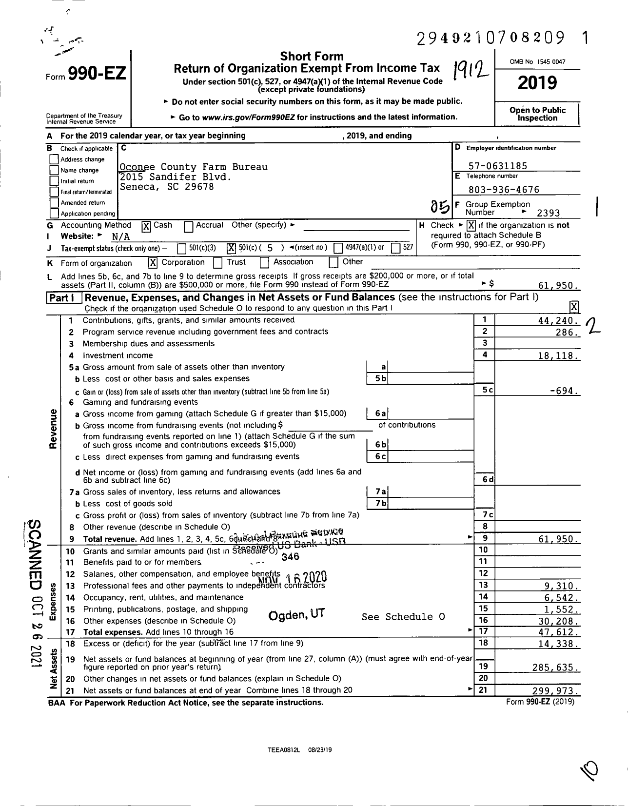 Image of first page of 2019 Form 990EO for Oconee County Farm Bureau