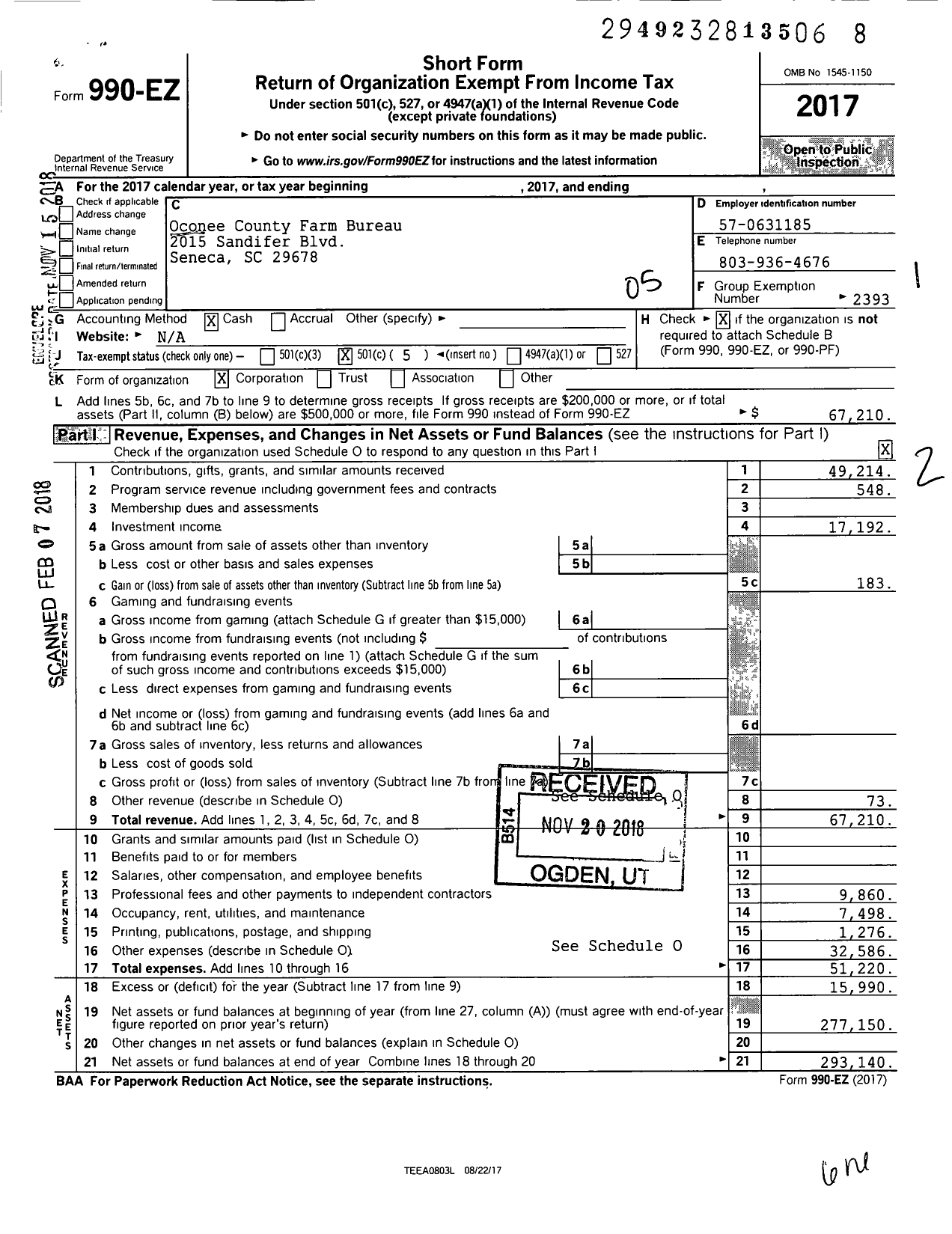 Image of first page of 2017 Form 990EO for Oconee County Farm Bureau