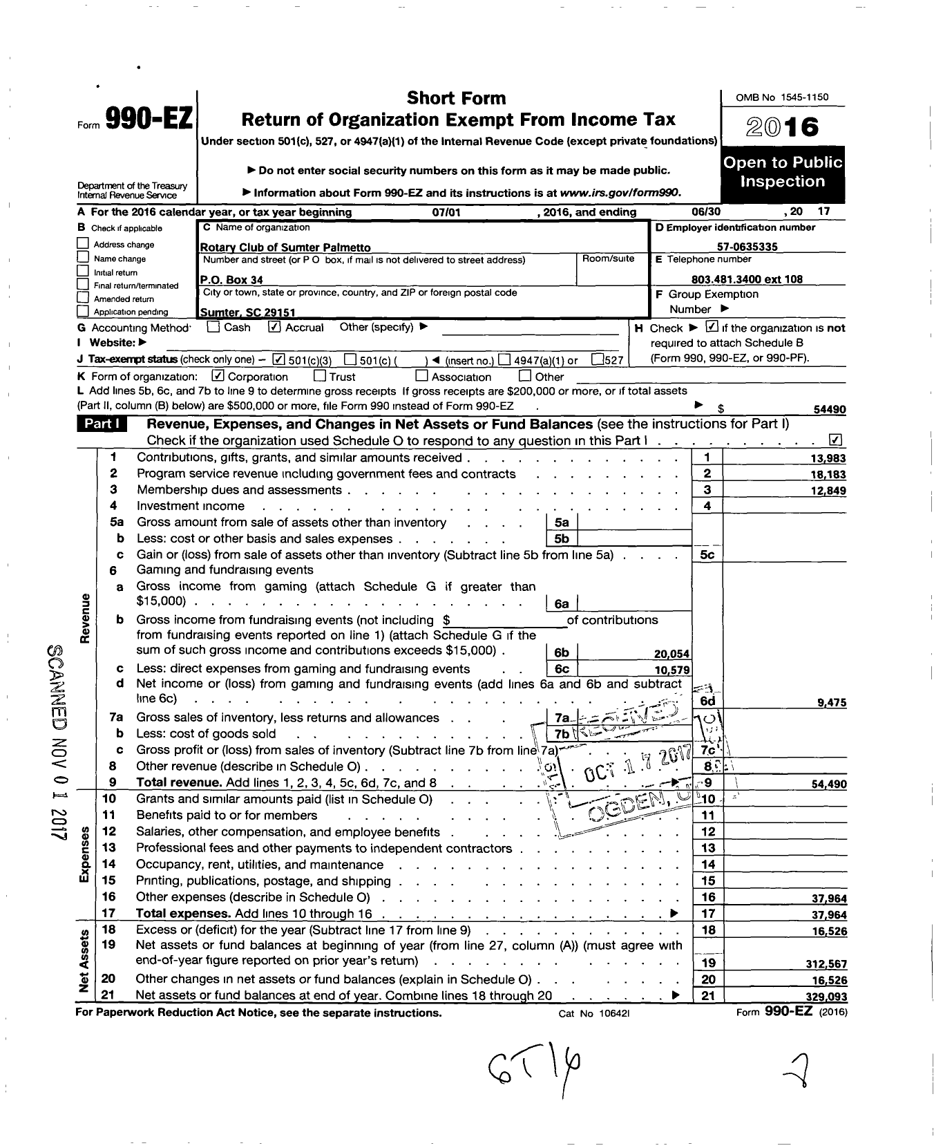 Image of first page of 2016 Form 990EZ for Rotary International - Sumter-Palmetto