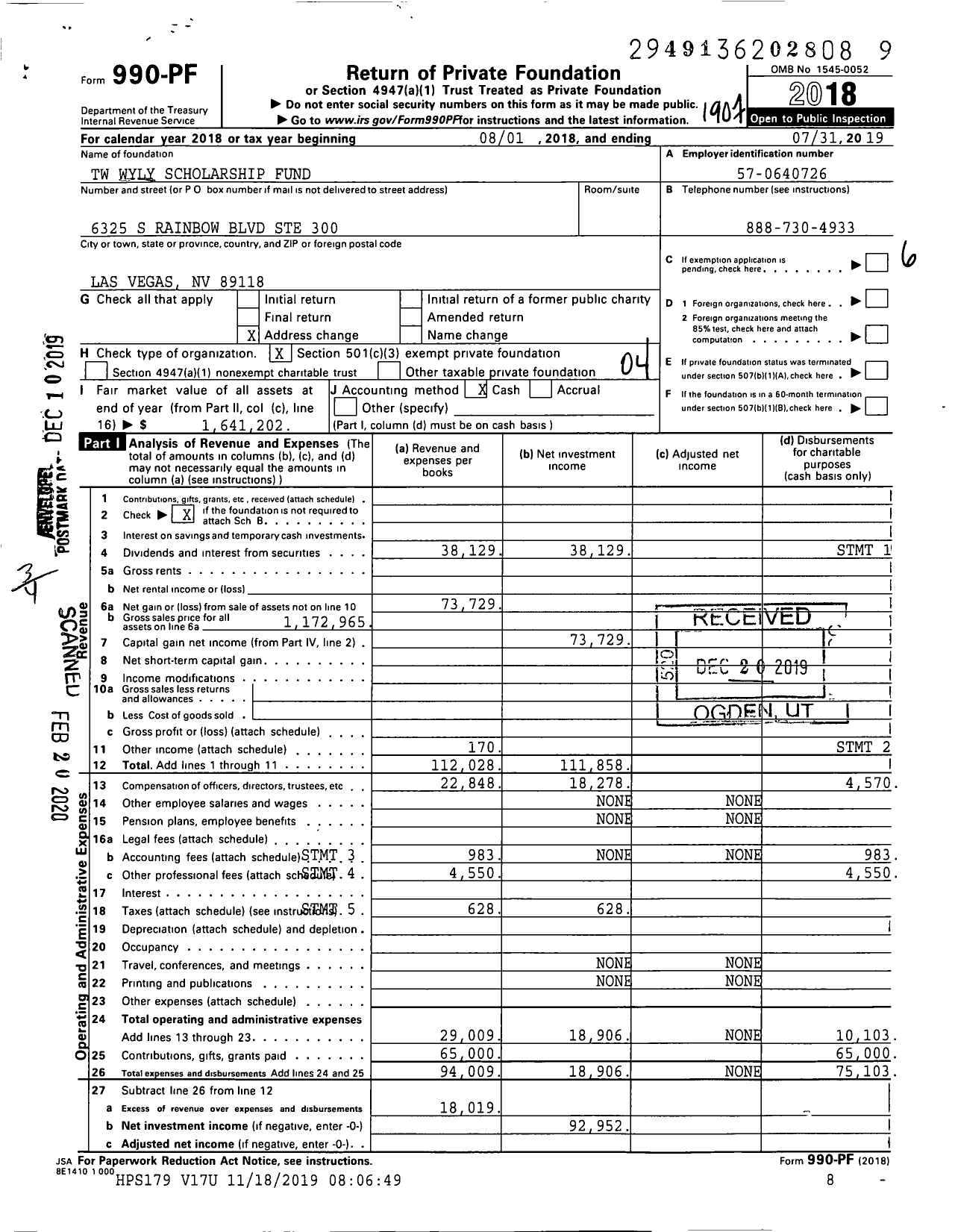 Image of first page of 2018 Form 990PF for TW Wyly Scholarship Fund