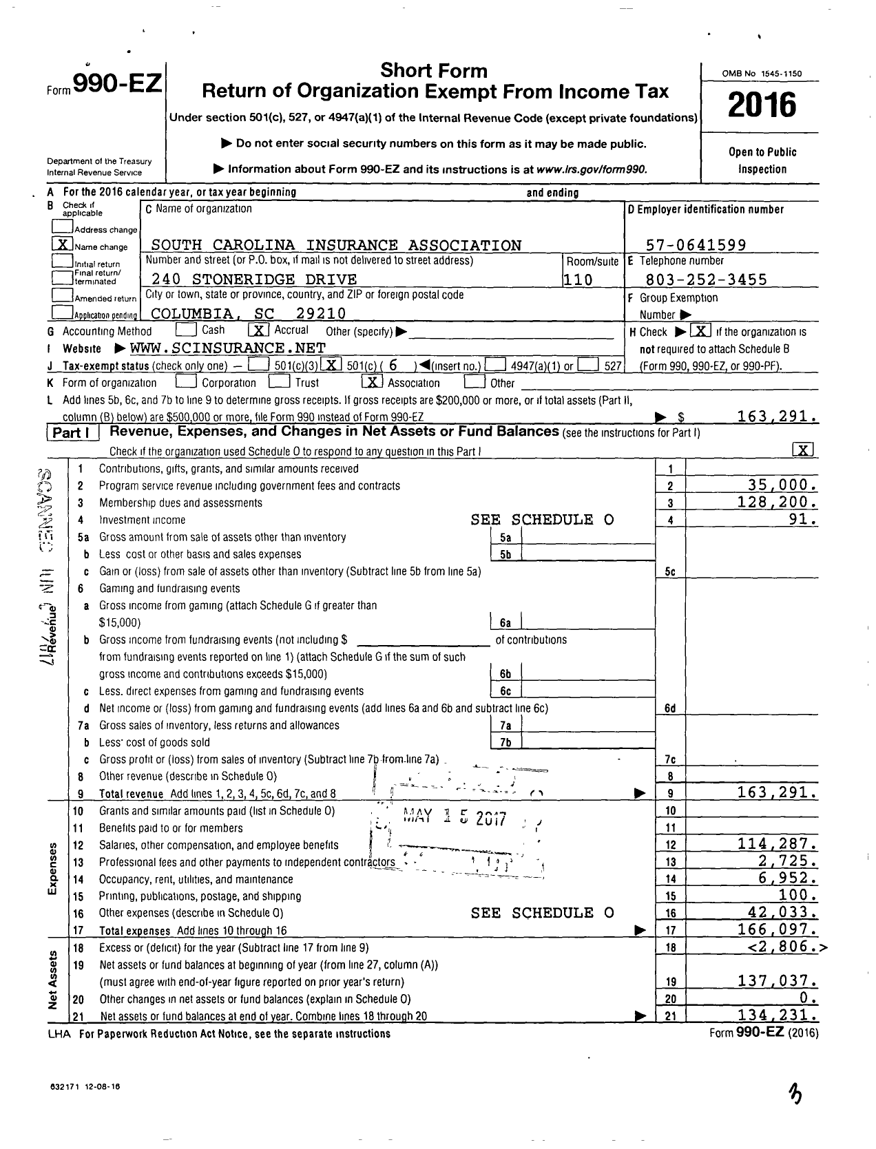 Image of first page of 2016 Form 990EO for South Carolina Insurance Association