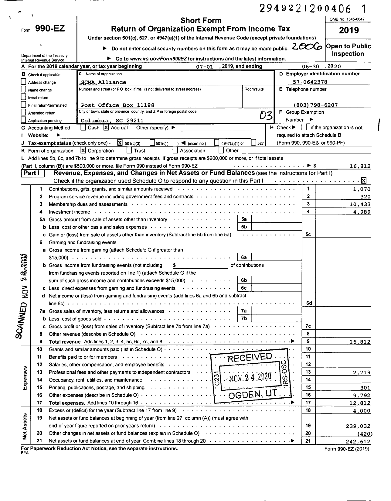 Image of first page of 2019 Form 990EZ for South Carolina Medical Association Alliance