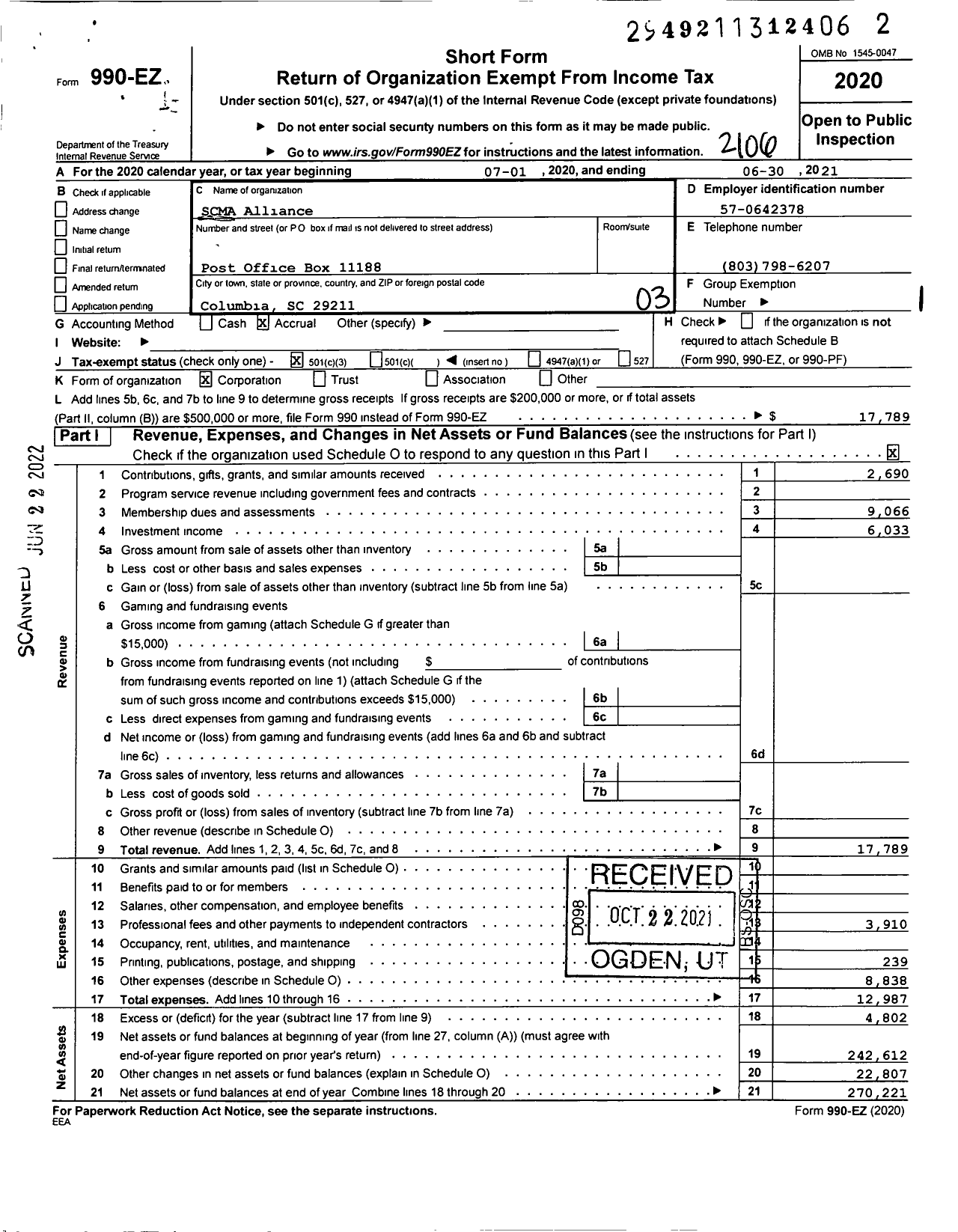 Image of first page of 2020 Form 990EZ for South Carolina Medical Association Alliance