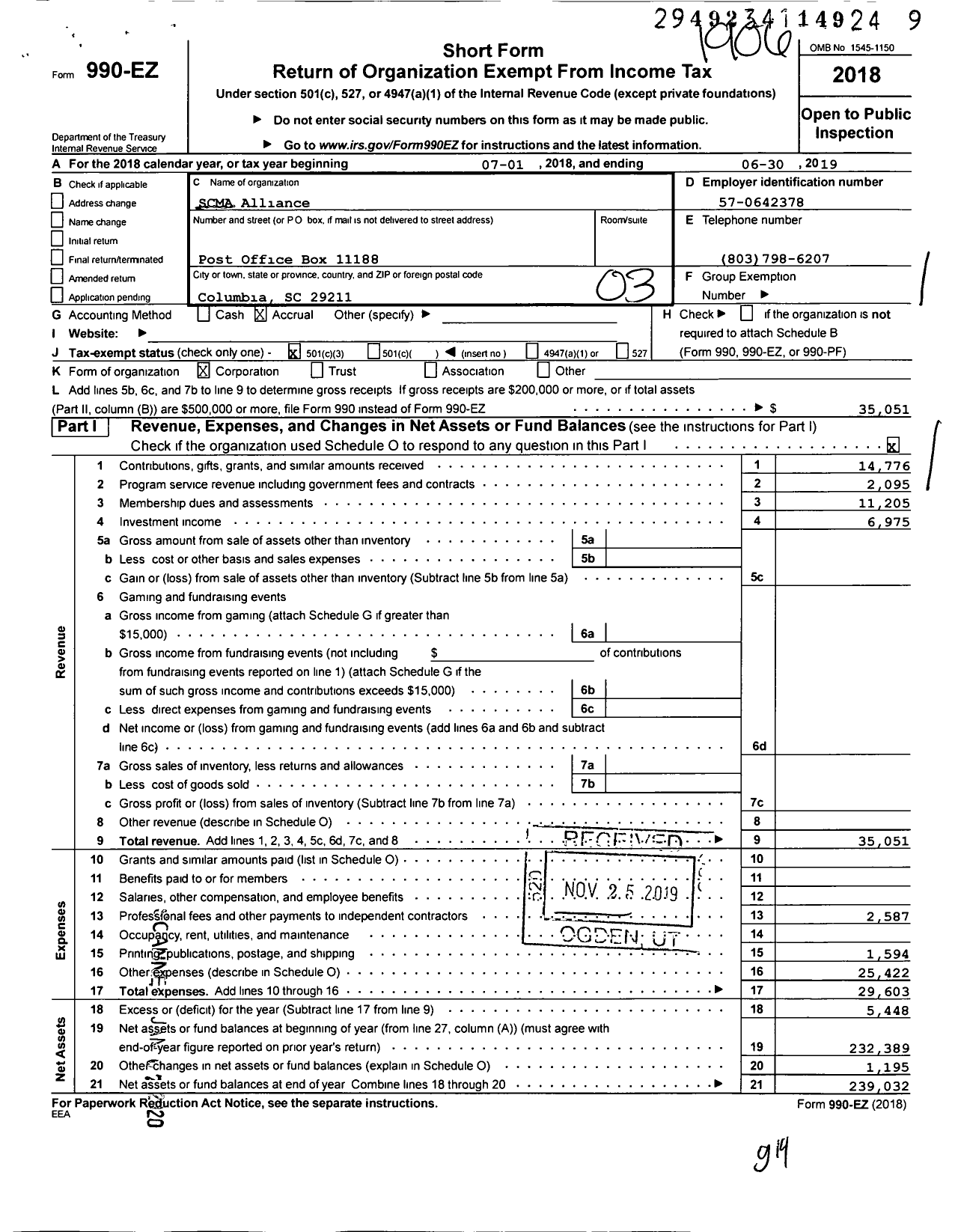 Image of first page of 2018 Form 990EZ for South Carolina Medical Association Alliance