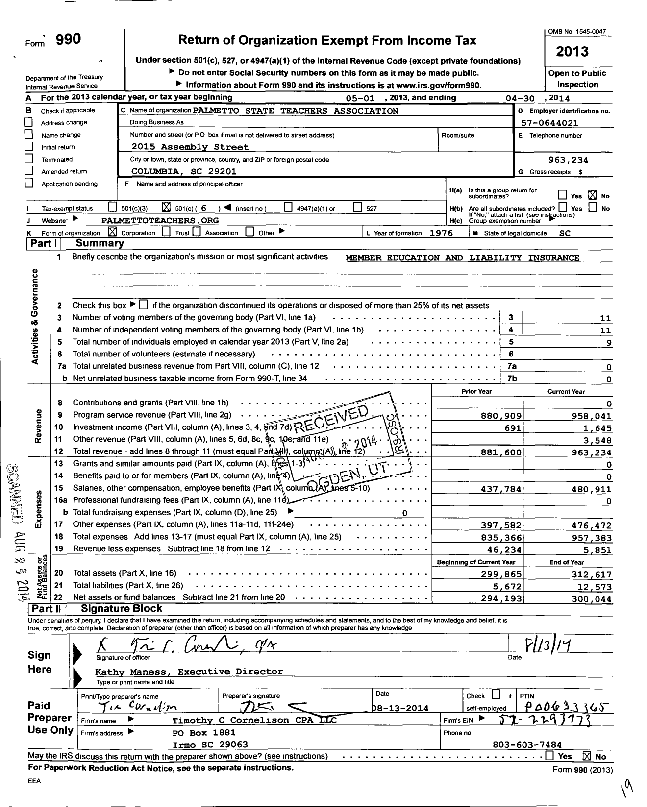 Image of first page of 2013 Form 990O for Palmetto State Teachers Association