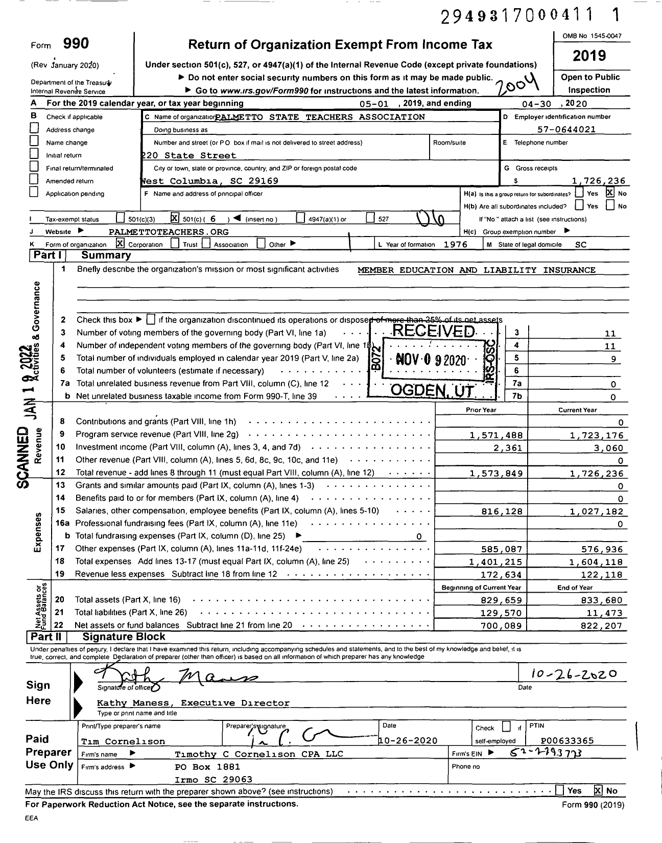 Image of first page of 2019 Form 990O for Palmetto State Teachers Association