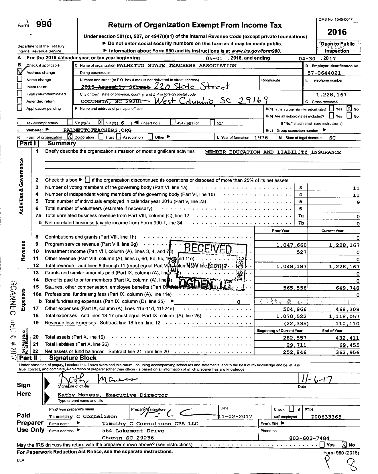Image of first page of 2016 Form 990O for Palmetto State Teachers Association
