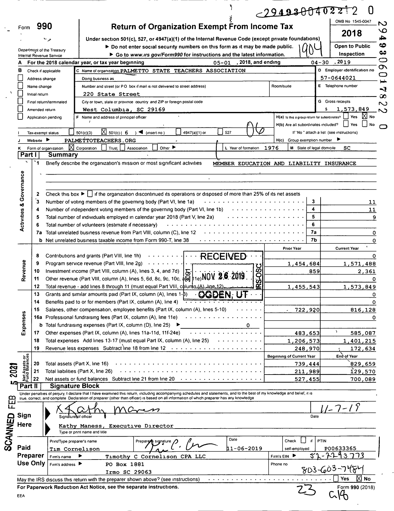 Image of first page of 2018 Form 990O for Palmetto State Teachers Association