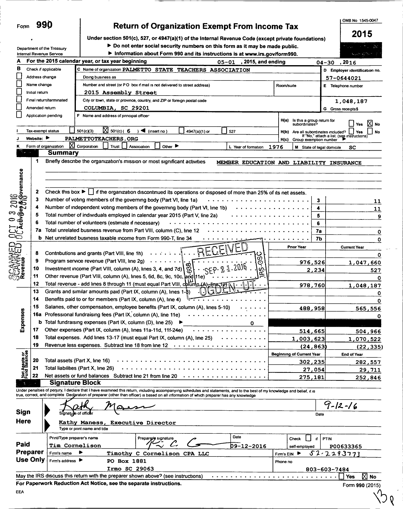 Image of first page of 2015 Form 990O for Palmetto State Teachers Association