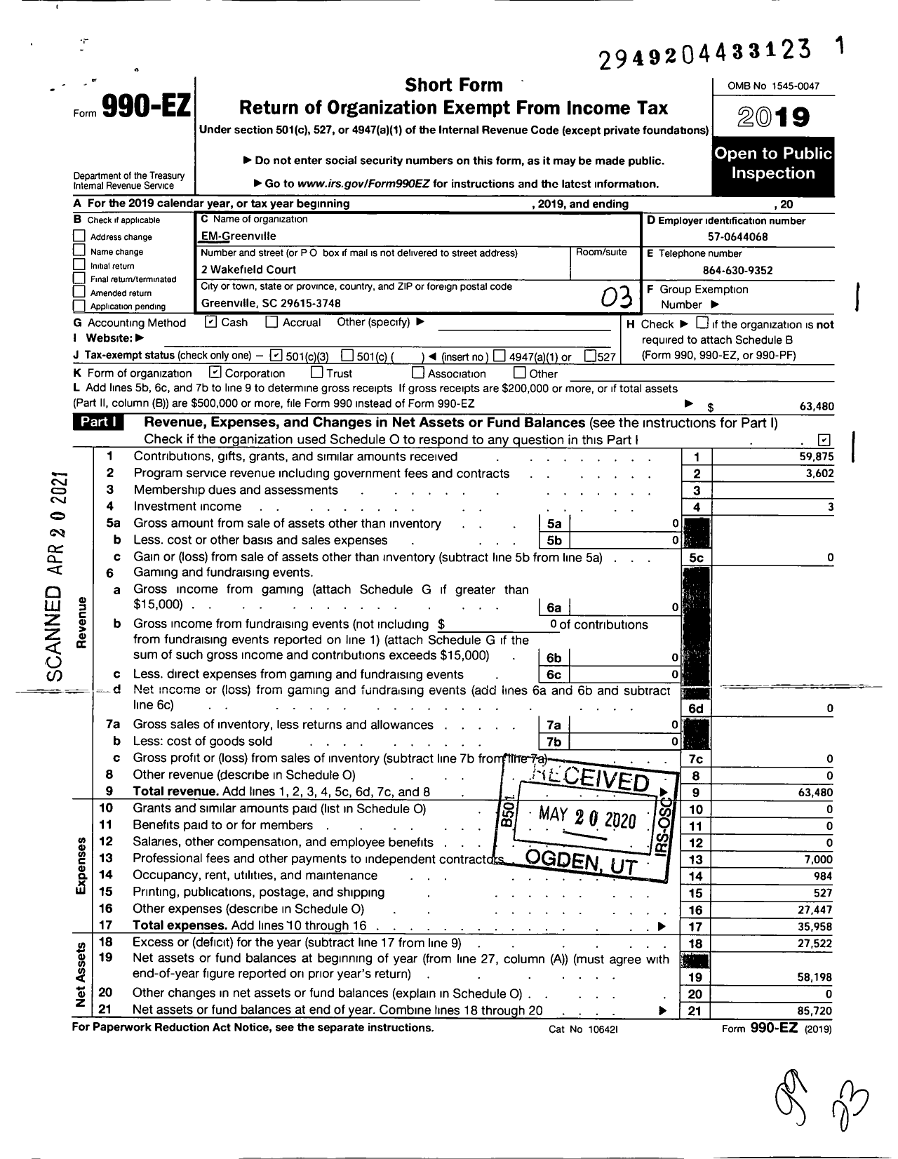 Image of first page of 2019 Form 990EZ for Em Greenville