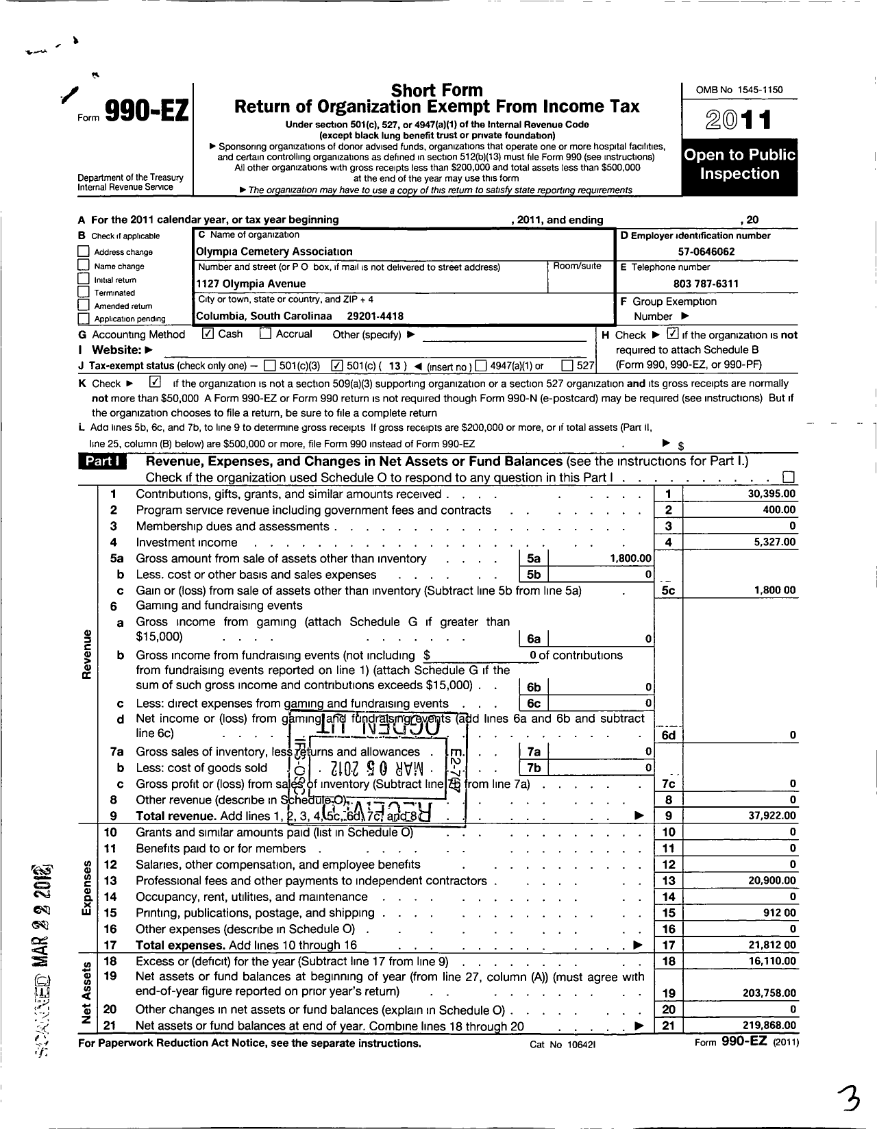 Image of first page of 2011 Form 990EO for Olympia Cemetery Association