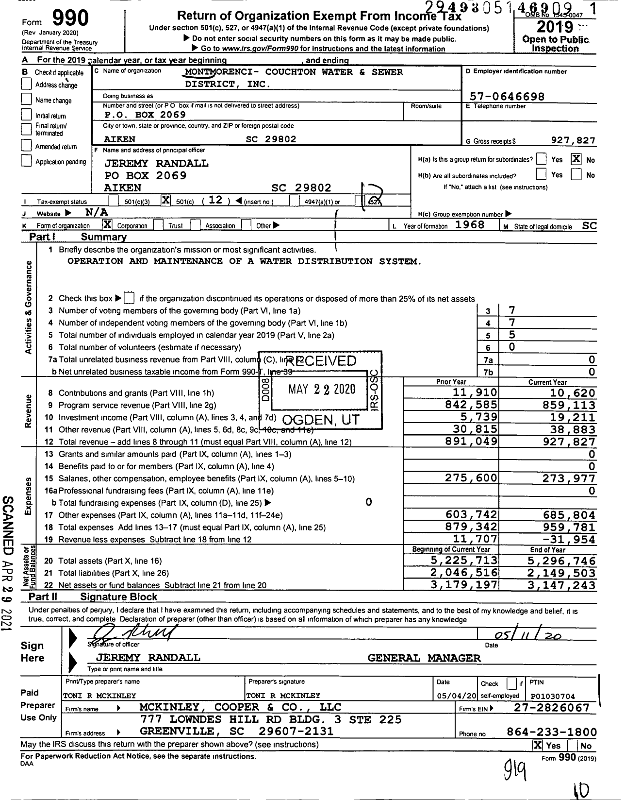 Image of first page of 2019 Form 990O for Montmorenci- Couchton Water and Sewer District