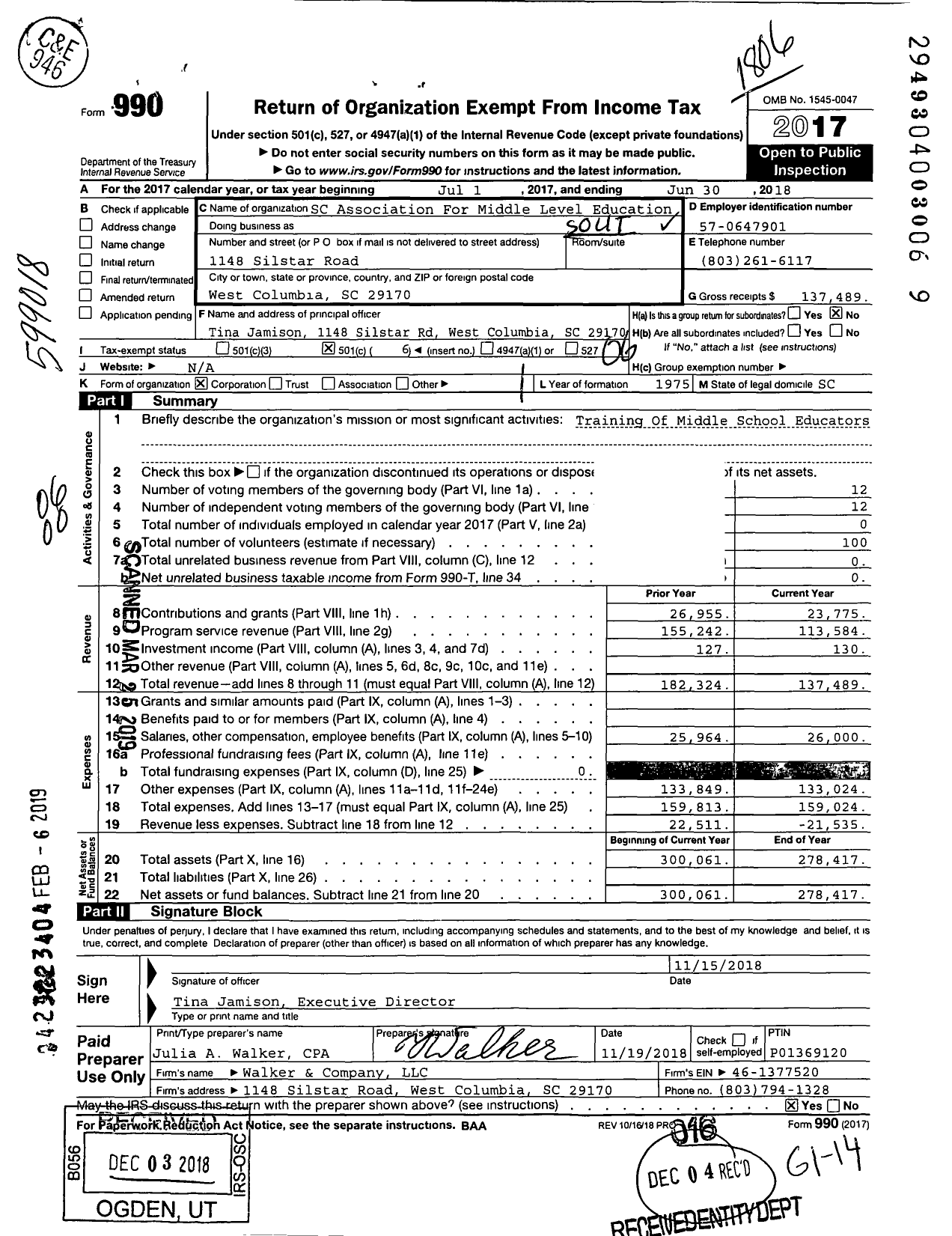 Image of first page of 2017 Form 990O for SC Association for Middle School Level Education