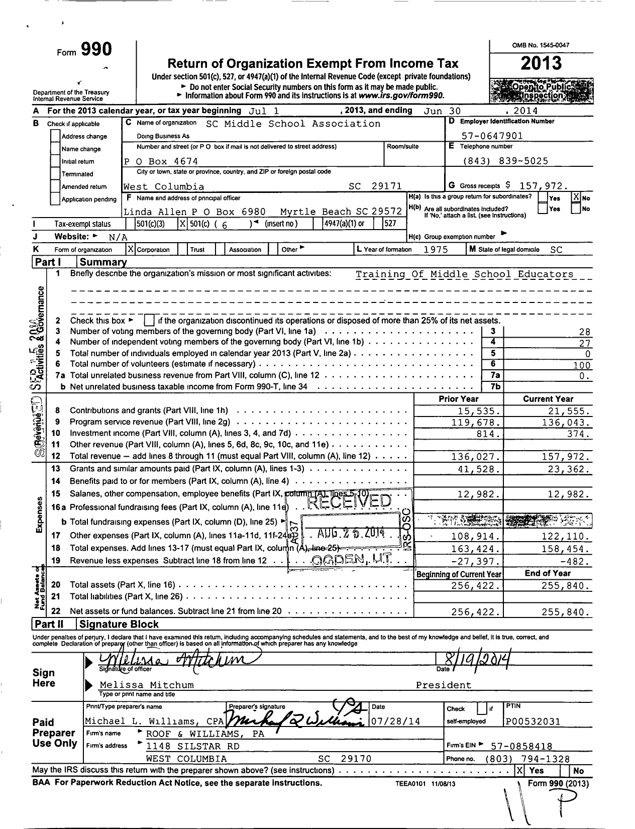 Image of first page of 2013 Form 990O for SC Association for Middle School Level Education