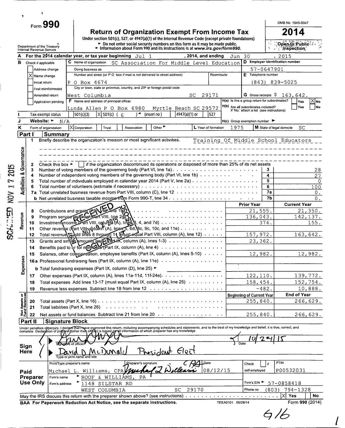 Image of first page of 2014 Form 990O for SC Association for Middle School Level Education