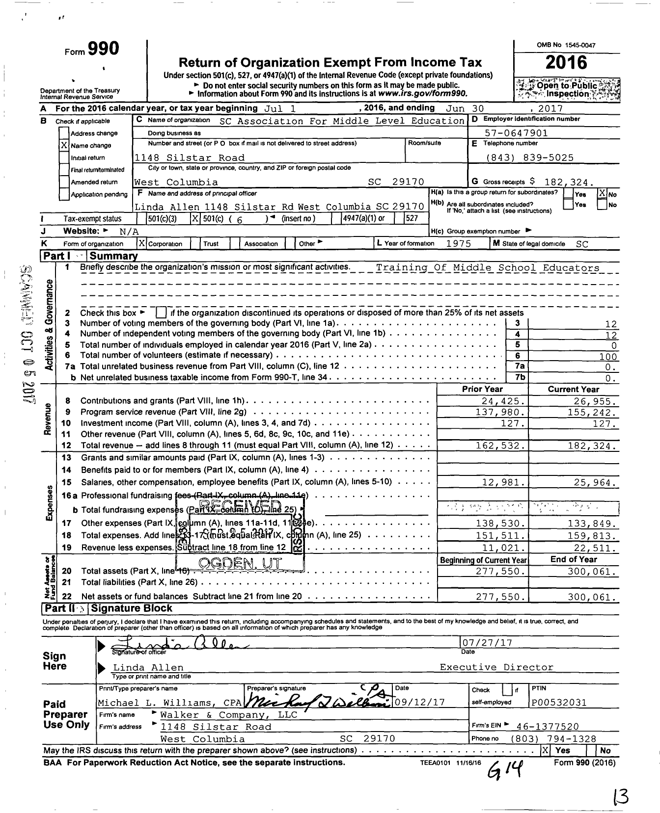 Image of first page of 2016 Form 990O for SC Association for Middle School Level Education