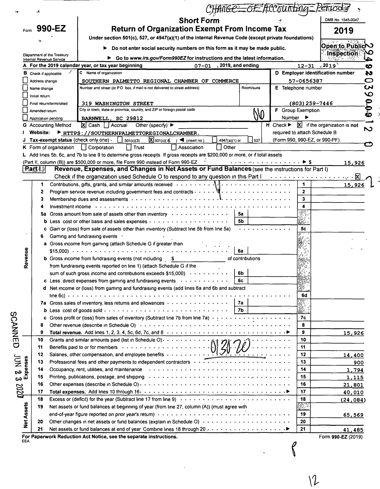 Image of first page of 2019 Form 990EO for Southern Palmetto Regional Chamber of Commerce