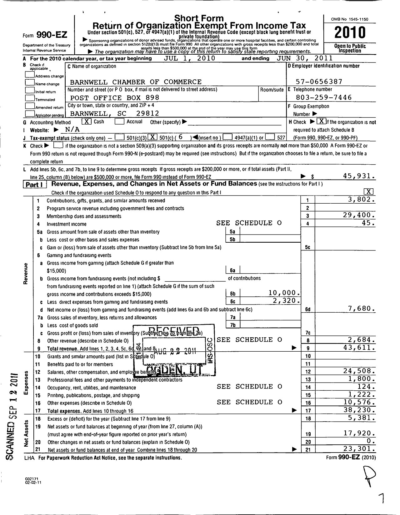 Image of first page of 2010 Form 990EO for Southern Palmetto Regional Chamber of Commerce