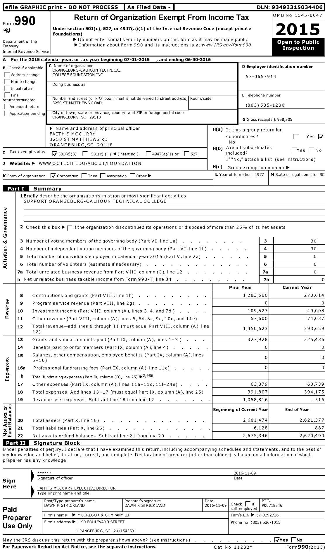 Image of first page of 2015 Form 990 for Orangeburg-Calhoun Technical College Foundation