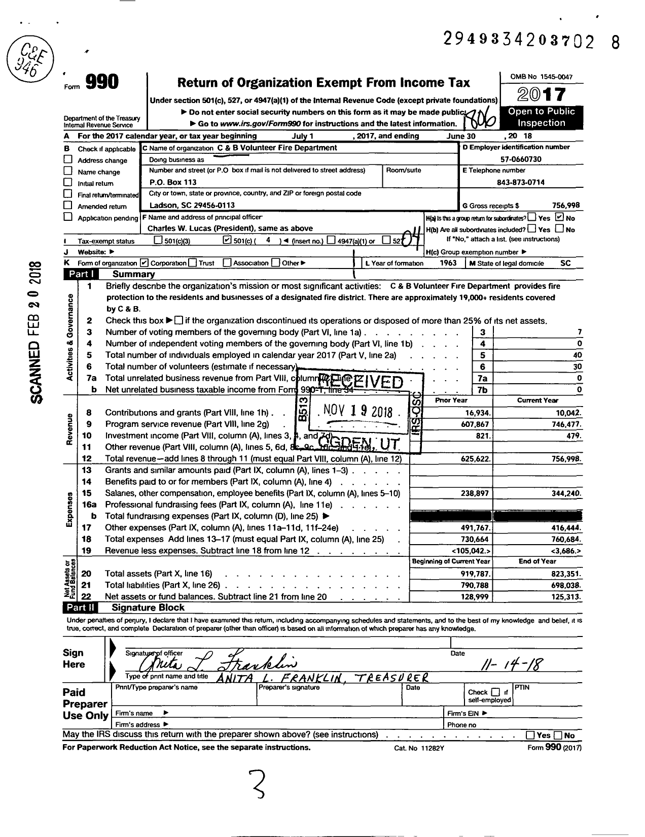 Image of first page of 2017 Form 990O for C&B Volunteer Fire Department