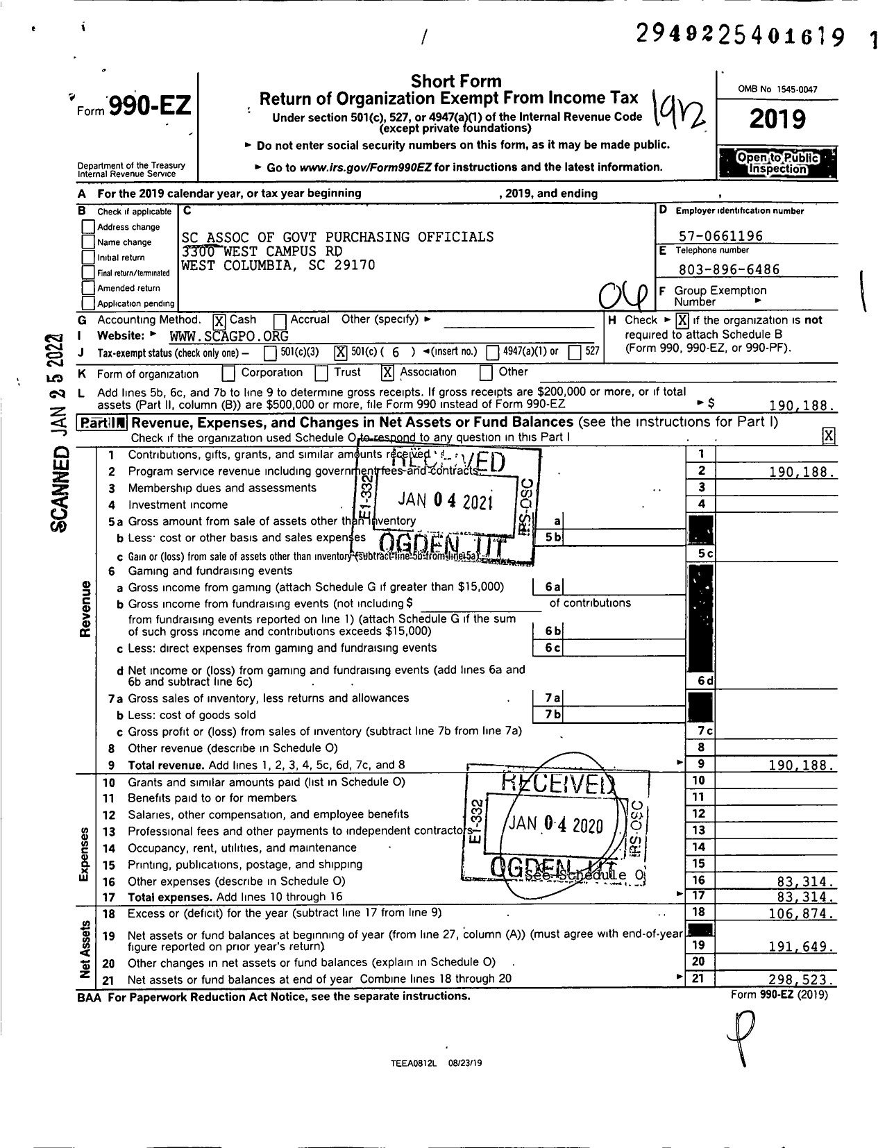 Image of first page of 2019 Form 990EO for National Institute of Governmental Purchasing / Soutn Carolina Assoc of Govermental