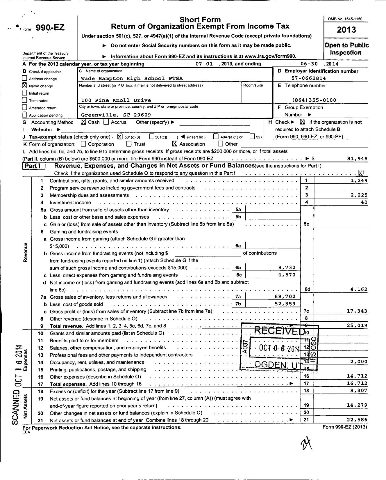 Image of first page of 2013 Form 990EZ for South Carolina Congress of Parents and Teachers / Wade Hampton High School PTA