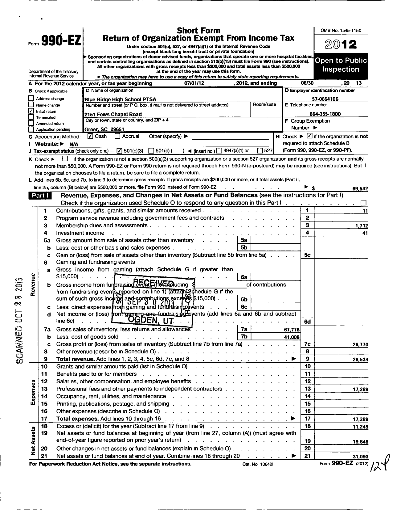 Image of first page of 2012 Form 990EZ for PTA South Carolina Congress / Blue Ridge High