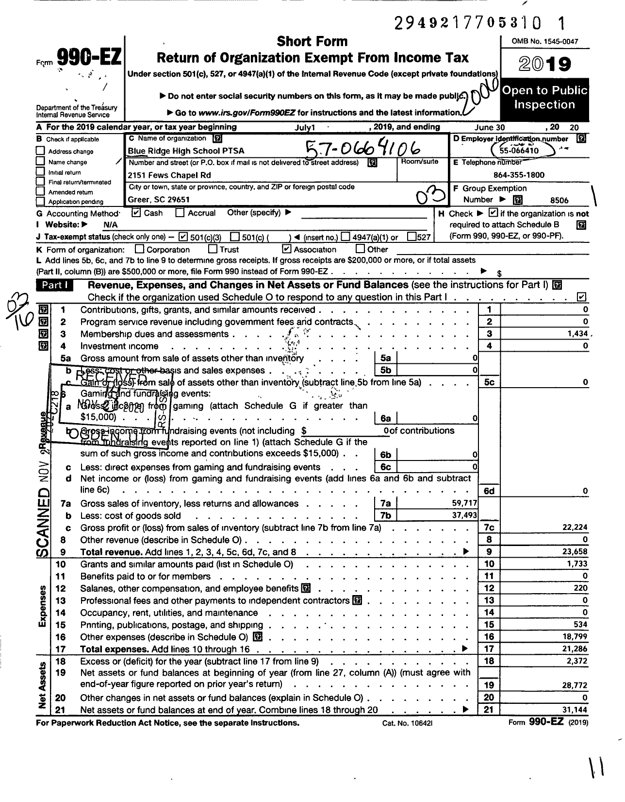 Image of first page of 2019 Form 990EZ for PTA South Carolina Congress / Blue Ridge High