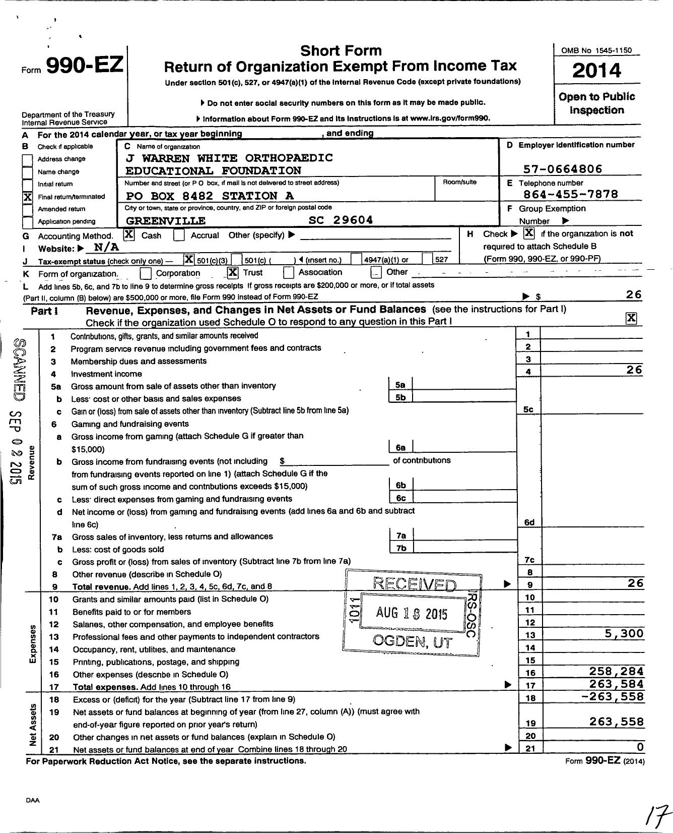 Image of first page of 2014 Form 990EZ for J Warren White Orthopaedic Educational Foundation