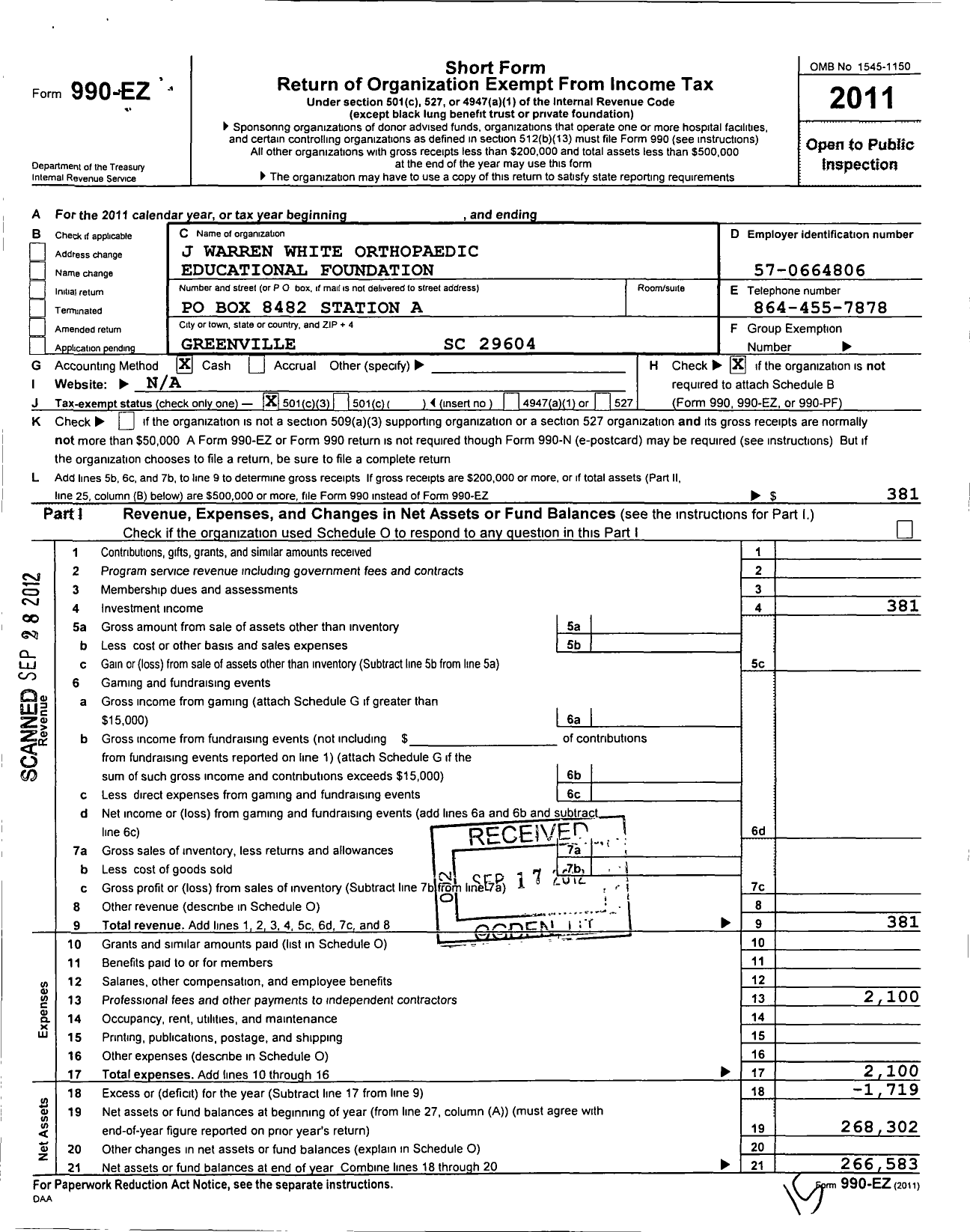 Image of first page of 2011 Form 990EZ for J Warren White Orthopaedic Educational Foundation