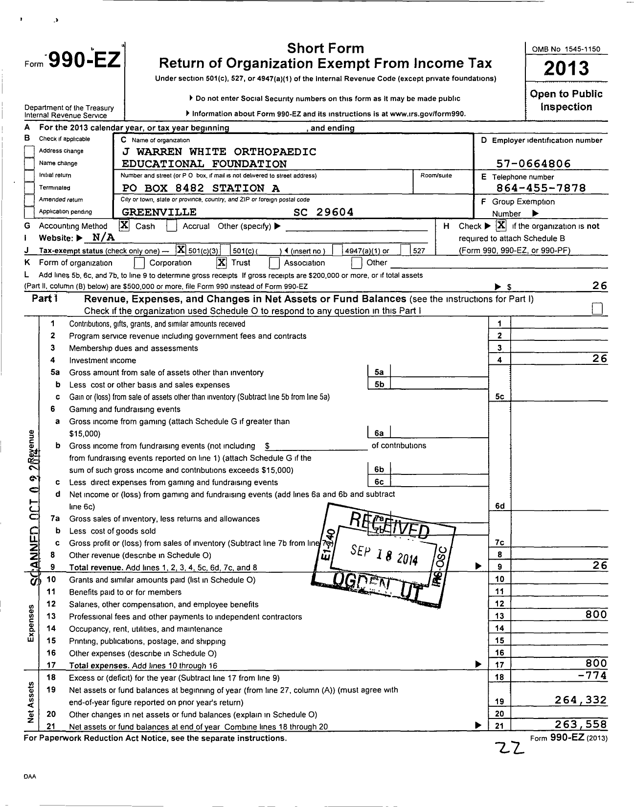 Image of first page of 2013 Form 990EZ for J Warren White Orthopaedic Educational Foundation