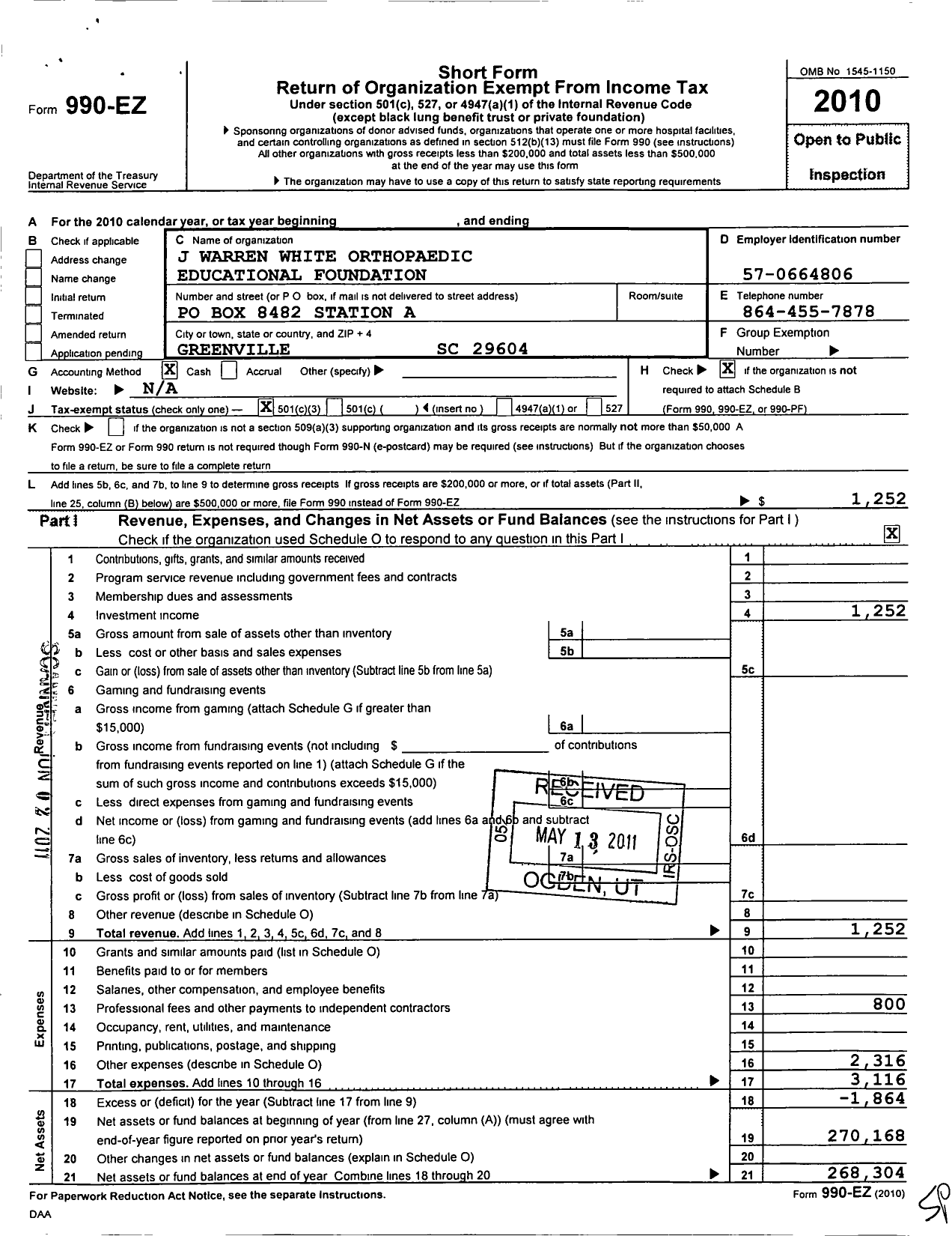 Image of first page of 2010 Form 990EZ for J Warren White Orthopaedic Educational Foundation