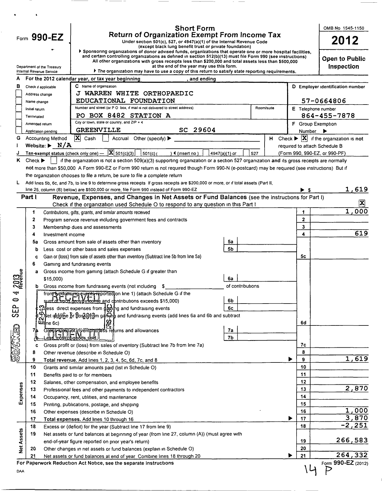 Image of first page of 2012 Form 990EZ for J Warren White Orthopaedic Educational Foundation