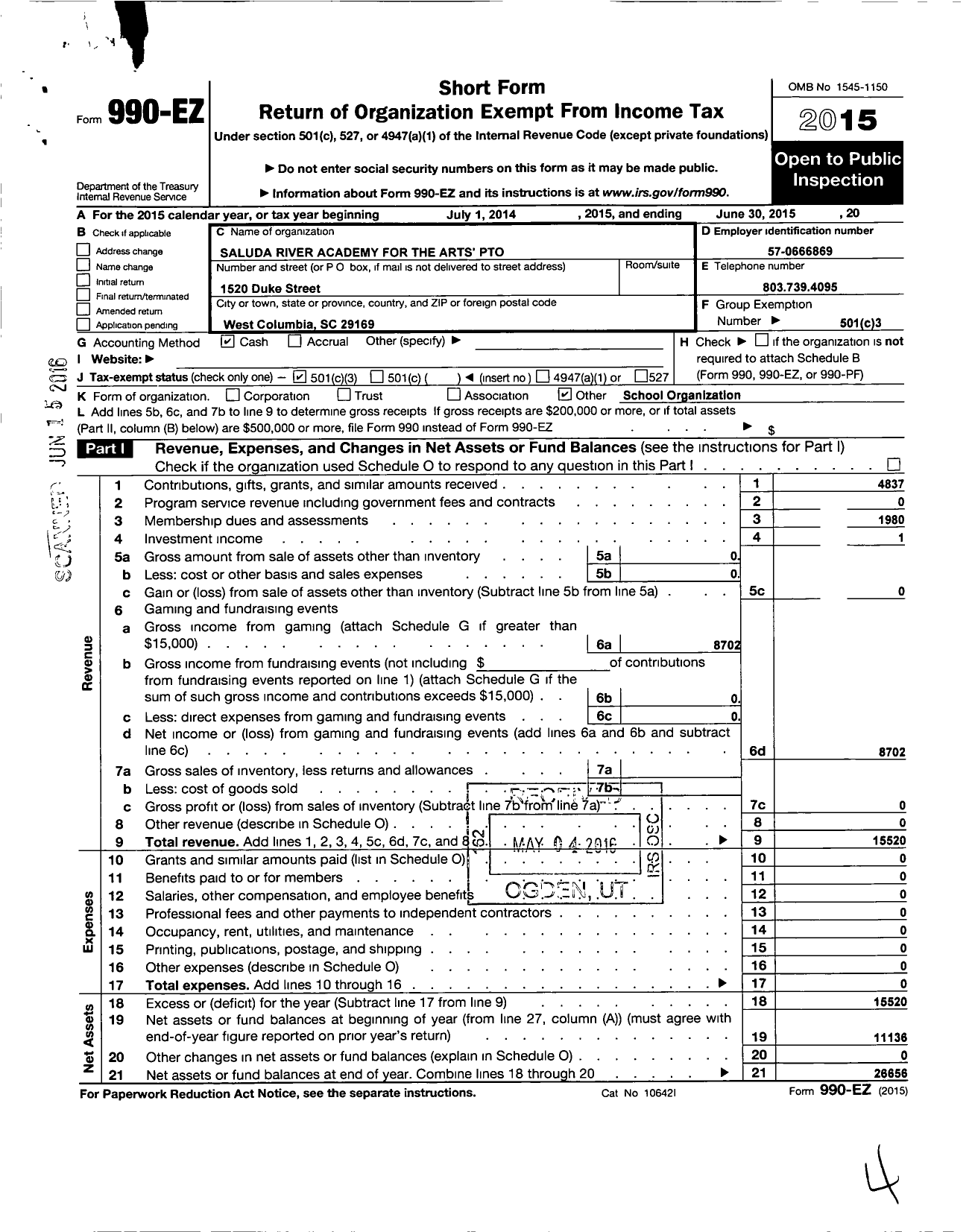 Image of first page of 2014 Form 990EZ for Saluda River Elementary Pto