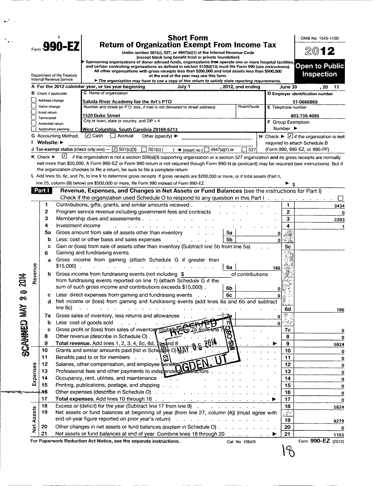 Image of first page of 2012 Form 990EZ for Saluda River Elementary Pto