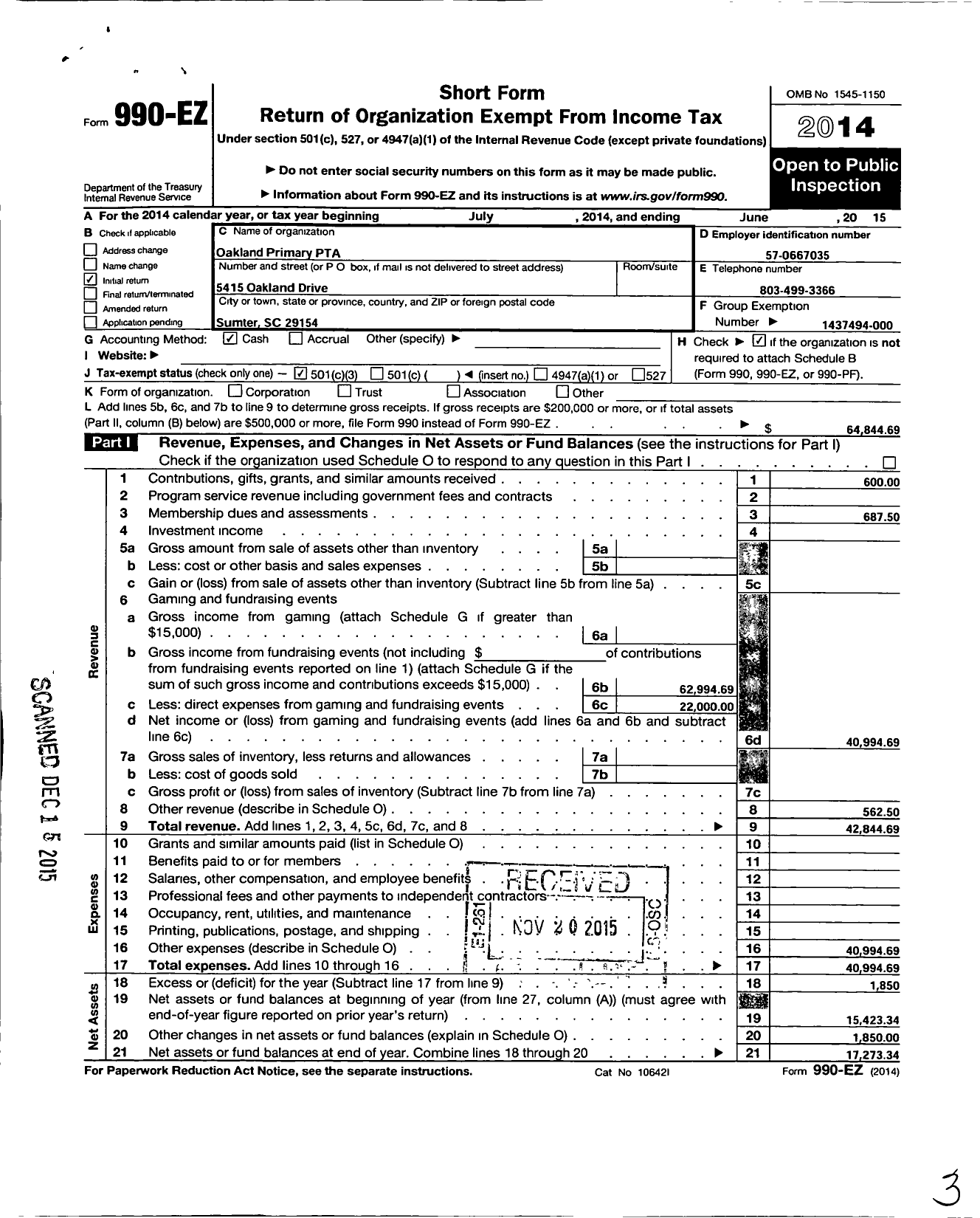 Image of first page of 2014 Form 990EZ for South Carolina Congress of Parents and Teachers