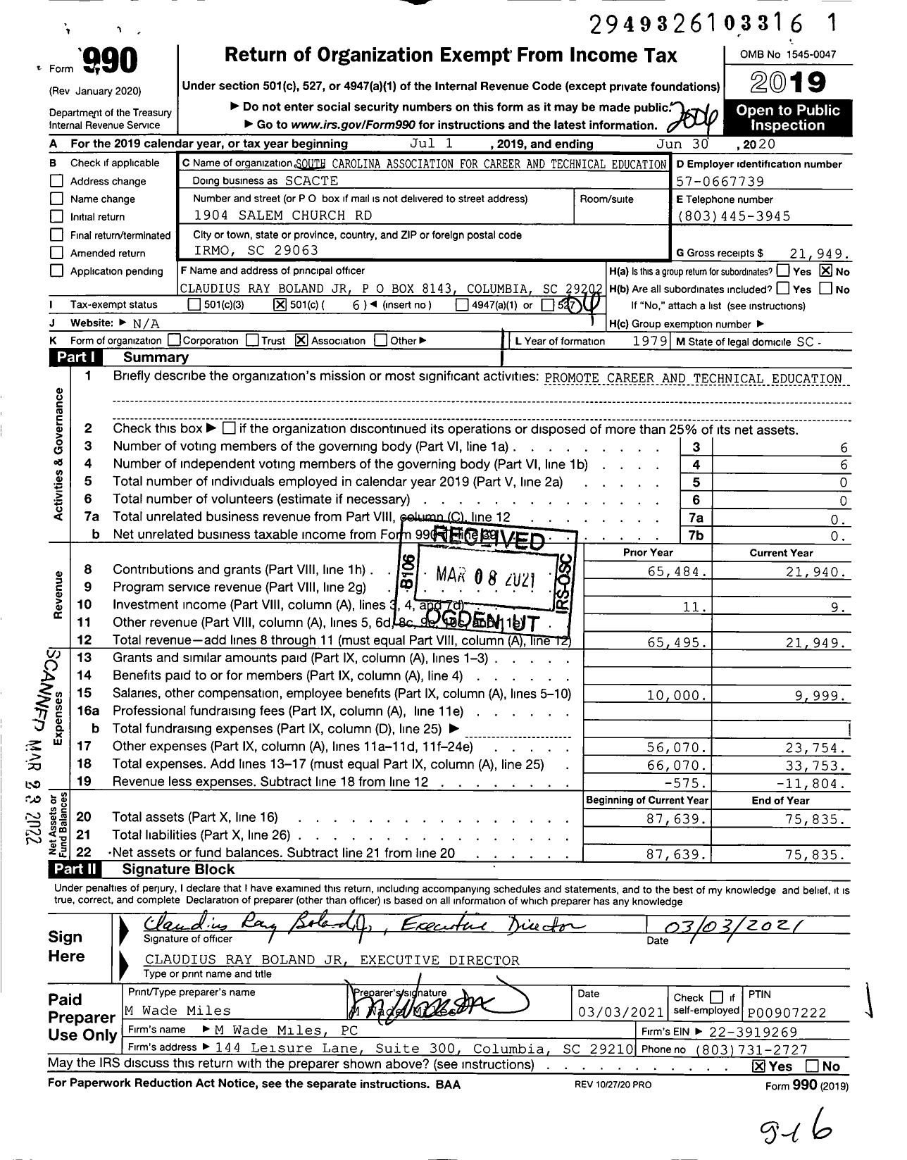 Image of first page of 2019 Form 990O for South Carolina Association for Career and Technical Education (SCATE)