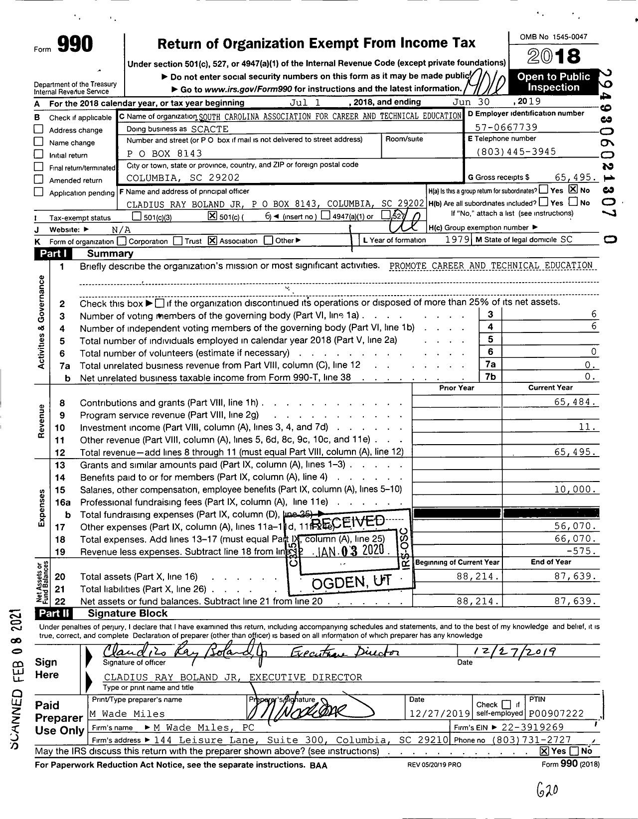 Image of first page of 2018 Form 990O for South Carolina Association for Career and Technical Education (SCATE)