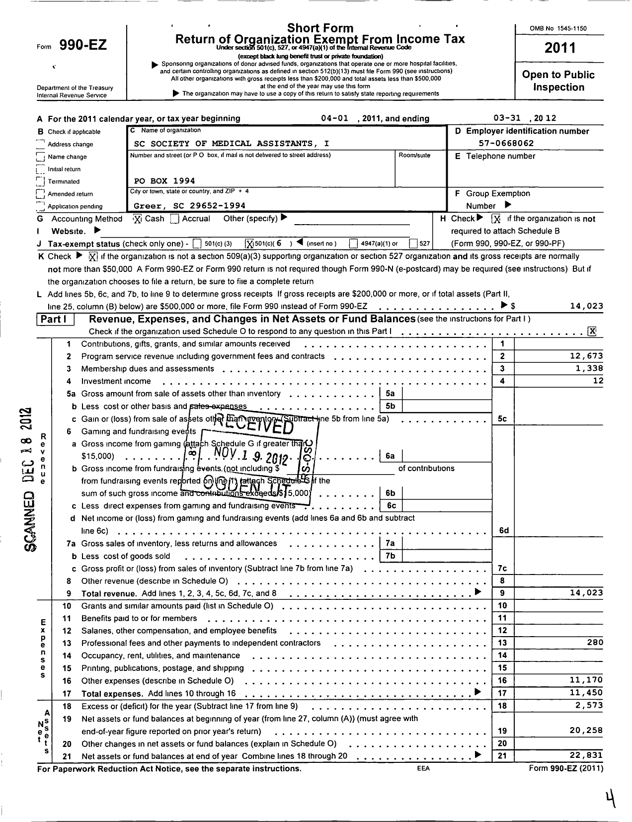 Image of first page of 2011 Form 990EO for South Carolina Society of Medical Assistants