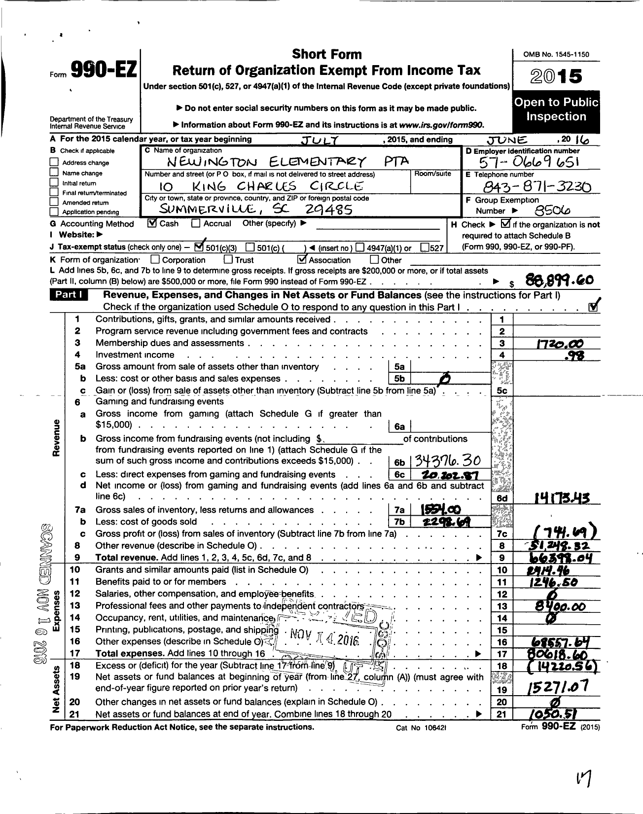Image of first page of 2015 Form 990EZ for Newington Elementary PTA