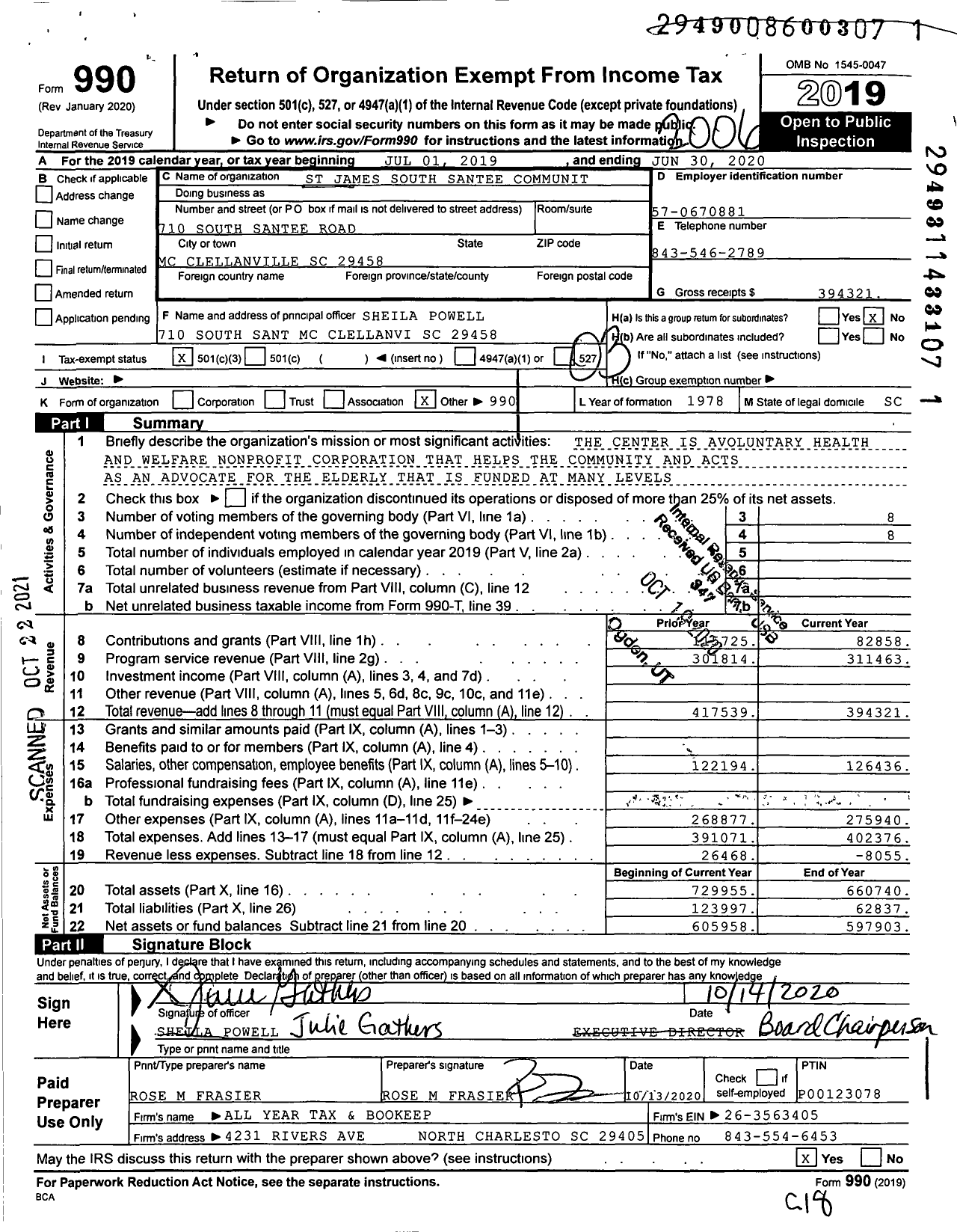 Image of first page of 2019 Form 990 for St James South Santee Senior Center