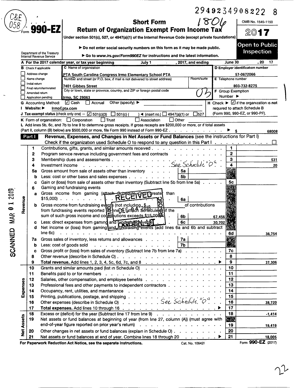 Image of first page of 2017 Form 990EZ for PTA South Carolina Congress / Irmo Elementary School PTA