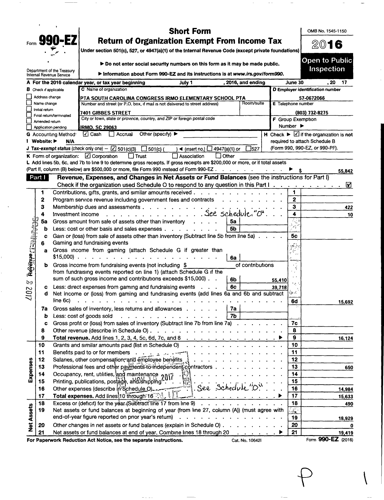 Image of first page of 2016 Form 990EZ for PTA South Carolina Congress / Irmo Elementary School PTA